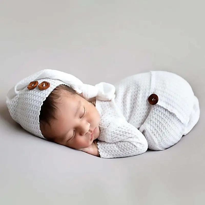 2 Pcs/Set Knitted Jumpsuit Long Tail for Head Wrap Turban Beanie Cap Baby Boy Girl Romper Hat Set Newborn Photography Pr