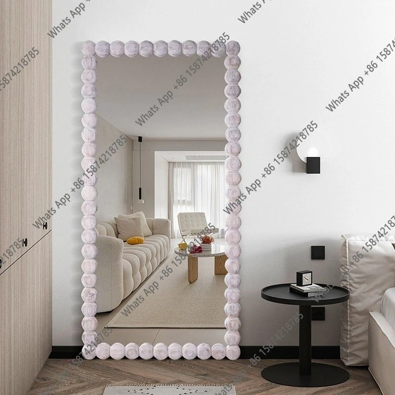Light luxury floor mirror, French art cloakroom full body mirror, square cream style wall hanging fashion
