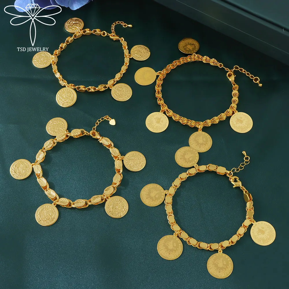 Classic Arabic Coins Pendant Bracelet 21k Gold Plated Turkish Bridal Fashion Hand Chains Dubai Muslim Women Event Party Jewelry