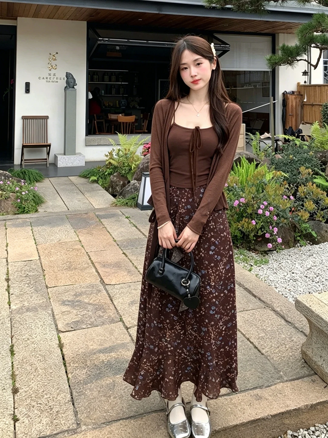 

Korean Style Floral Half-length Skirt Set plus Size Cardigan with Strap Summer Fashion Women's Three-piece Suit Long Sleeve r...