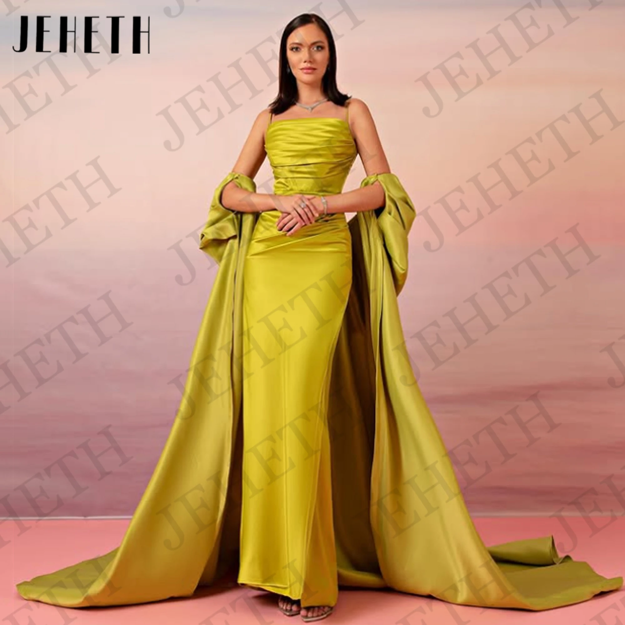 

JEHETH Gorgeous Satin Evening Dresses Women Elegant Detachable Train Spaghetti Strap Mermaid Formal Events Party Gown Customized