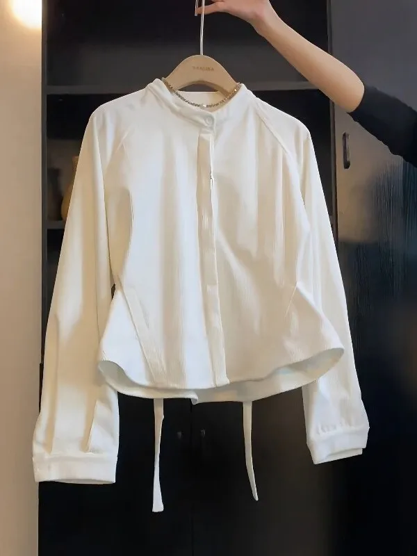 

Women's Korean Sle Long Sve irt Waist Cinched Belted Hidden Single Button Early Spring Versatile White irt Ciwalk