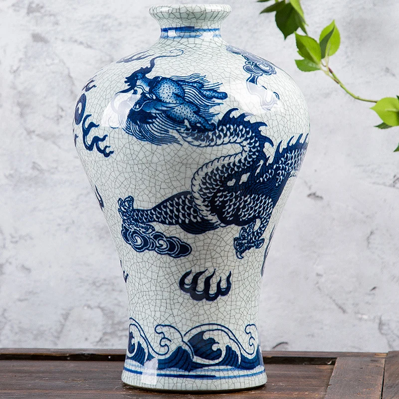 Jingdezhen Ceramic Vases Antique Official Kiln Cracked Glaze Dragon Pattern Vase Flower Arrangement Decorative Ornaments