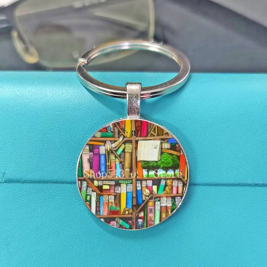 Student backpack keychain book multi-layer bookshelf pattern European style glass alloy 2D