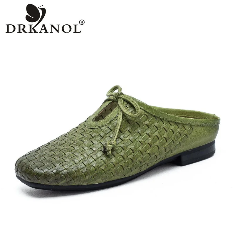 

DRKANOL Women Slippers 2026 Handmade Weave Genuine Cow Leather Retro Style Slip On Flat Heel Soft Casual Summer Slippers Slides