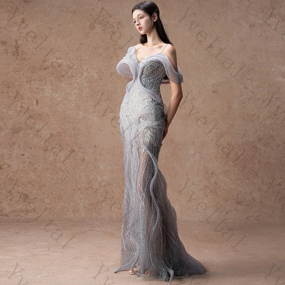 Customized Off Shoulder Mermaid Evening Gown Sparkling Sequined Beading Tulle Dress with Wavy Ruffle Details for Formal Party