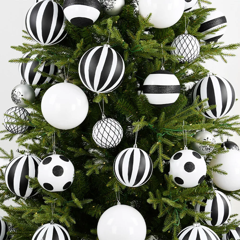 1-6pcs 8-30cm Christmas Balls Black White Hand-Painted Hanging Ball Xmas Tree Pendants Ornaments Home Decor 2024 New Year Gift