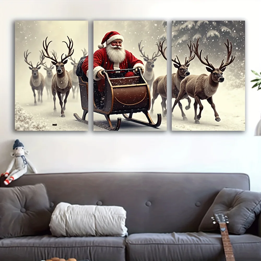 [JIT] 3 قطع، لوحة قماشية - بدون إطار، ركوب سانتا كلوز، ملصقات ومطبوعات، مكتب، غرفة المعيشة، غرفة، بار، هدايا الحفلات، عيد الميلاد