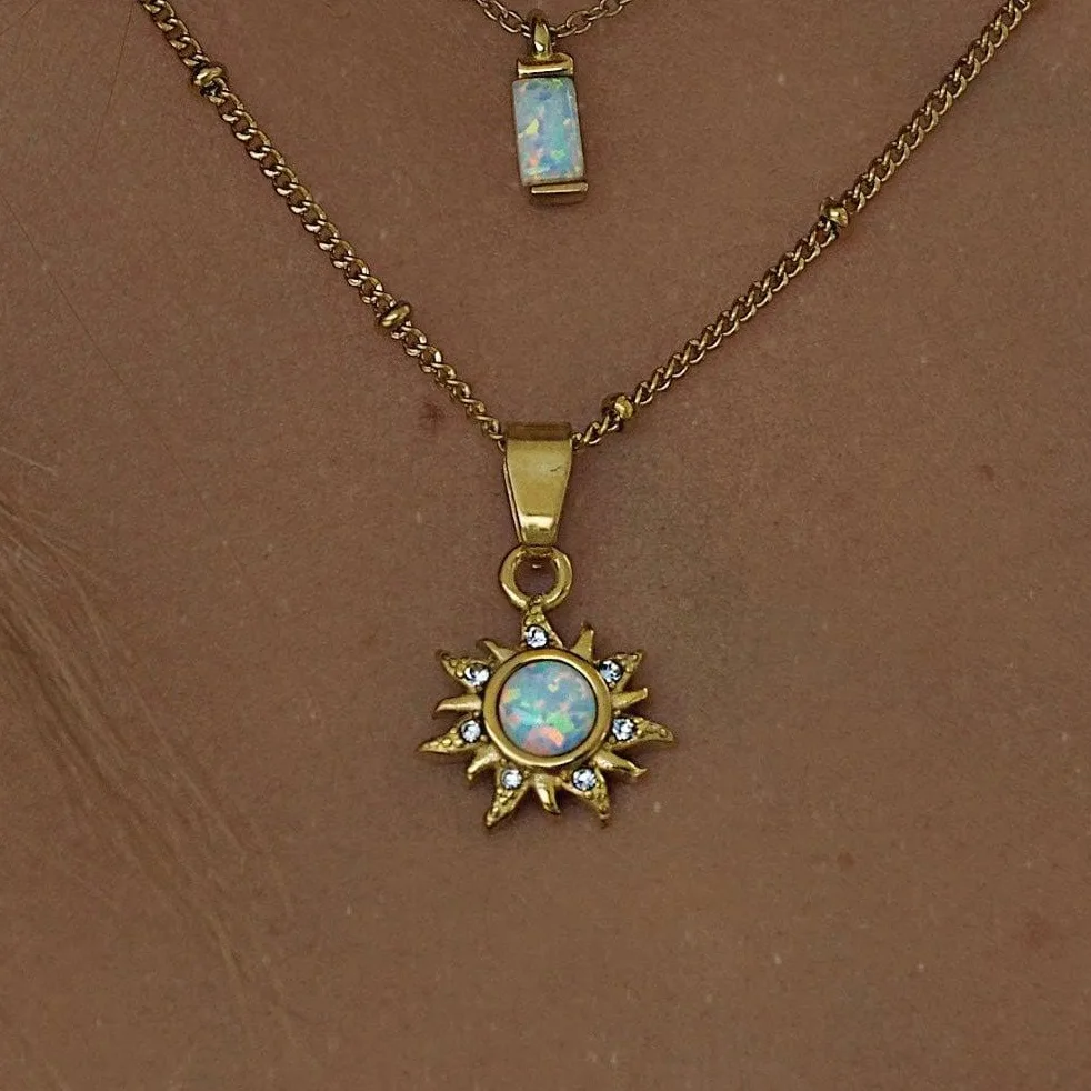 

New ins Stainless Steel Natural Opal Abstract Sun Pendant Necklace For Women Vintage Sun Necklaces Accessories Fashion Jewelry