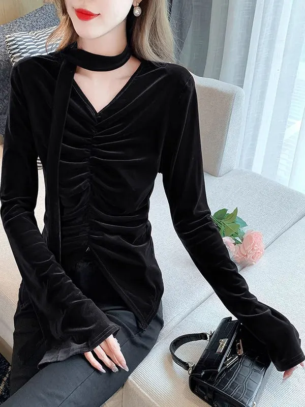 

Ретро-топ из бархата для женщин: приталенный, с длинным рукавом, V-образным вырезом, модный дизайн для весны и осени, большие размеры