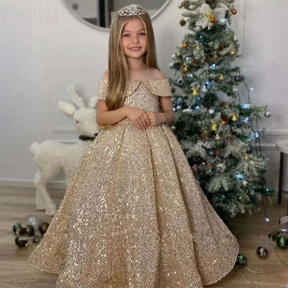 

Gold Sequin Flower Girl Dresses Long Off Shoulder Wedding Party Birthday Dresses Child Pageant Evening Ball Gown for Girls