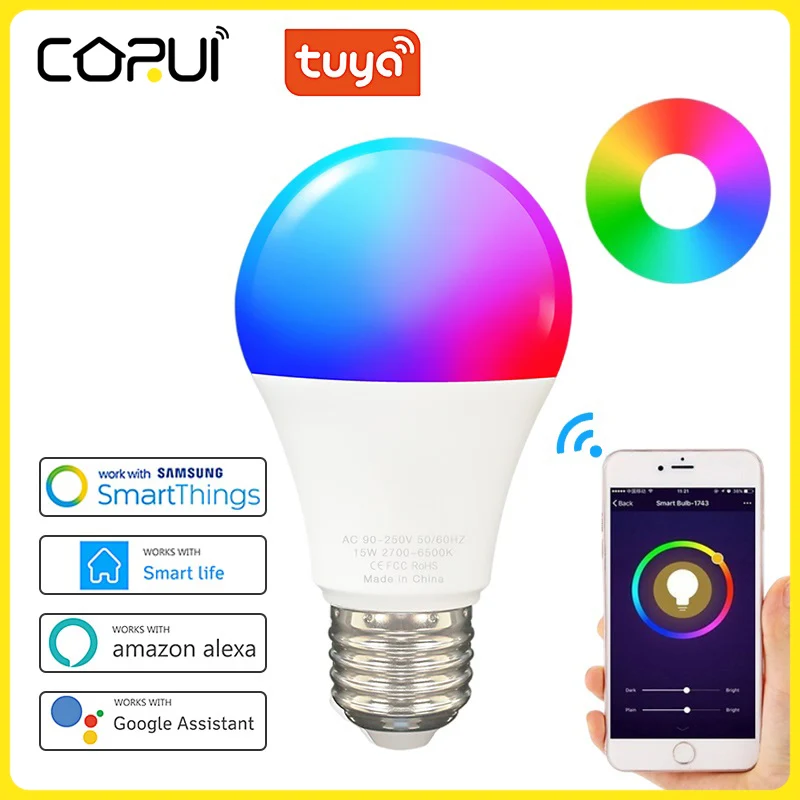 CoRui 9/15W TUYA Smart WiFi Light Bulb E27 Colorful Lamp RGB Remote Group Vioce Control Google Home Alexa Holiday Decor