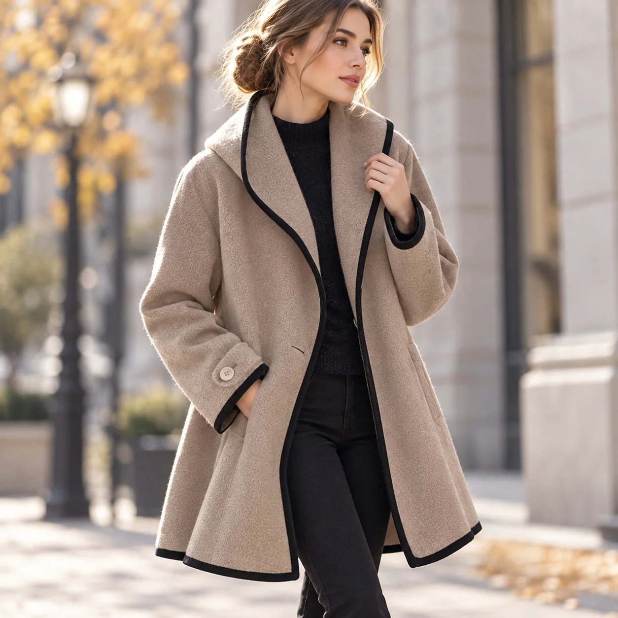 Hooded Loose Fit Coat Sweet and Fresh with Single Button Closure Gentle Style Mid Long Length Long Sleeve Casual Women Coat