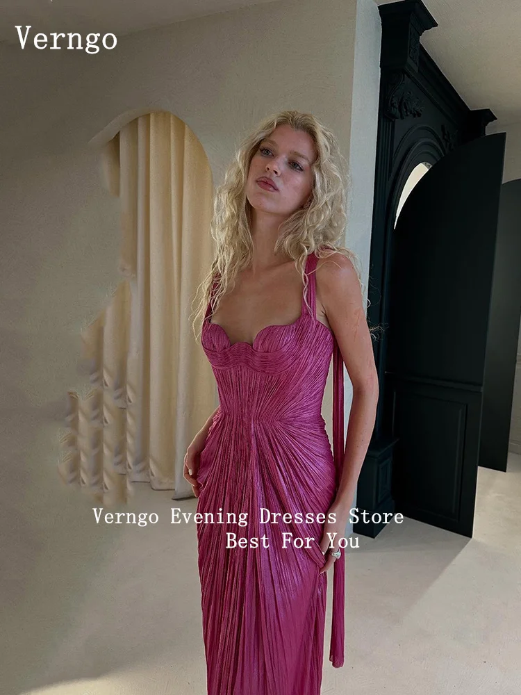 Verngo Rosa Meerjungfrau Ballkleider Spaghettiträger Lange formelle Anlässe Kleider Frauen Elegantes Falten-Abschlussball-Partykleid Maßgeschneidert