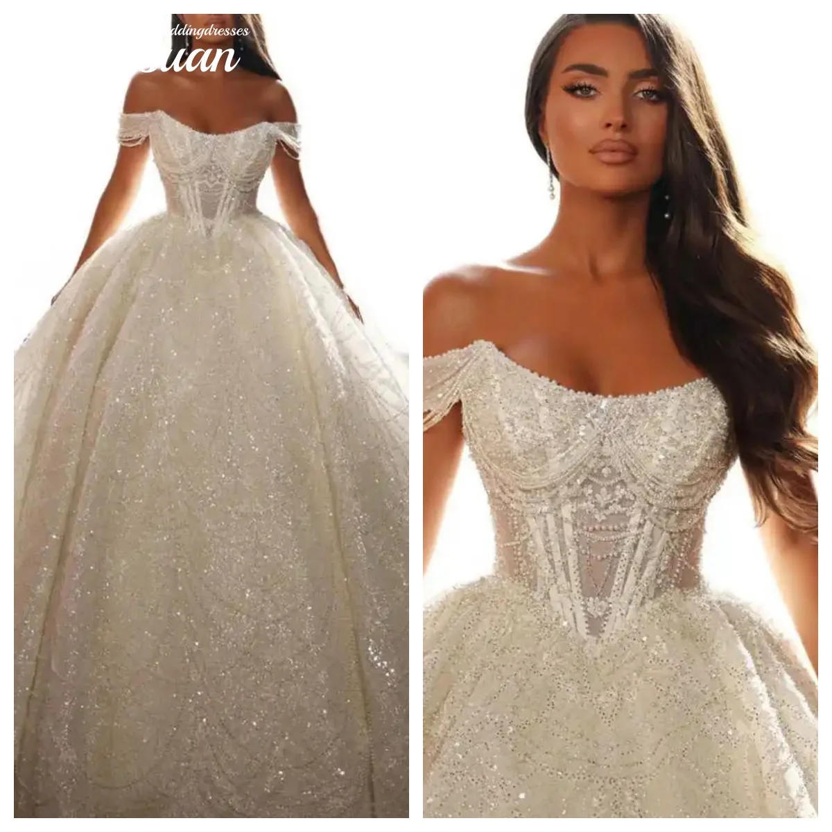 ชุดแต่งงานแบบบอลกาวน์สั่งตัดพิเศษ แบบเปิดไหล่ ไม่มีแขน ประดับเลื่อมและลูกปัด พร้อมชายกระโปรงยาว