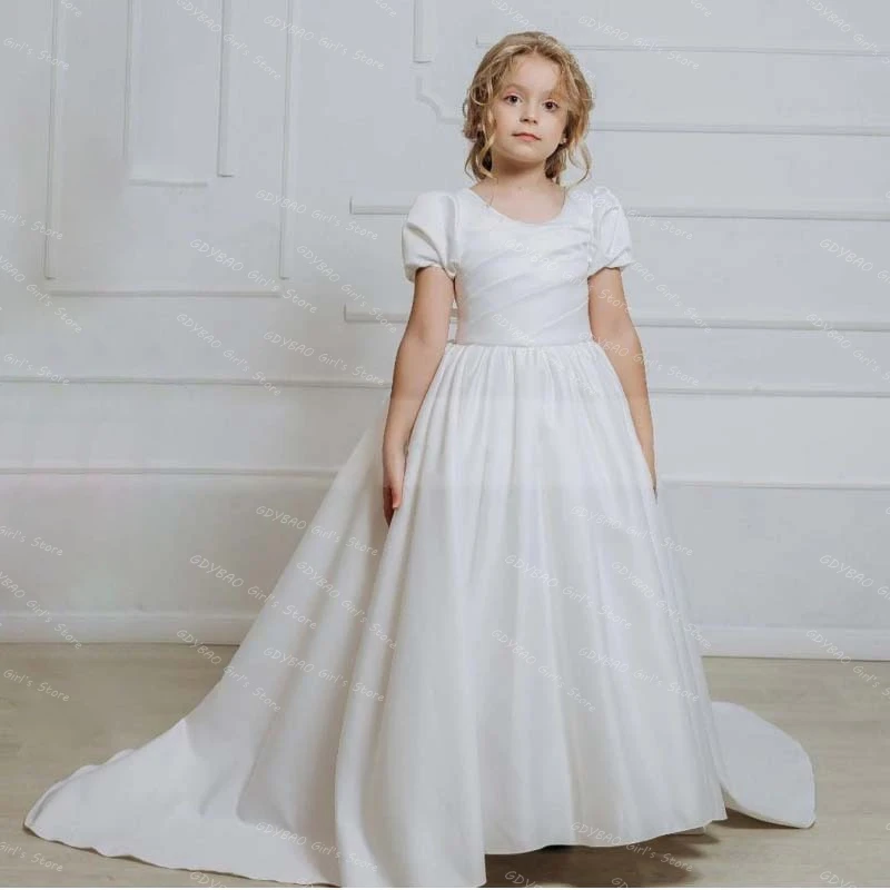 

Customized Satin Pleated Flower Girl Dress Puff Sleeve Brush Train First Communion Dress 2-14 Kids A-line Wedding Party Gown