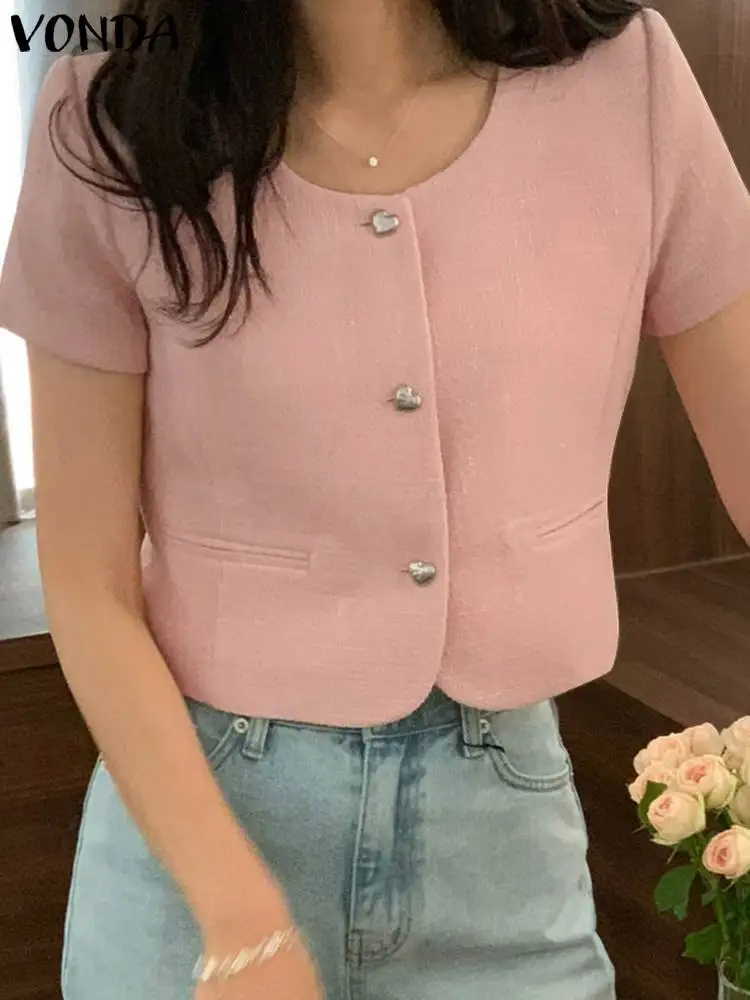 VONDA Summer Women Solid Color Shirts 2024 Fashion Blouses Tops Short Sleeve Button Down Elegant OL Casual Loose Blusas Feminina