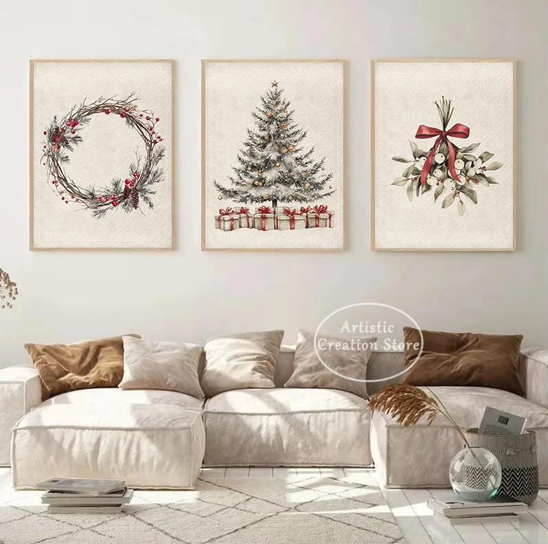 Vintage Merry Christmas Tree Holly Mistletoe Sketch Xmas Present Nordic Poster Canvas Painting Wall Pictures Home Interior Decor
