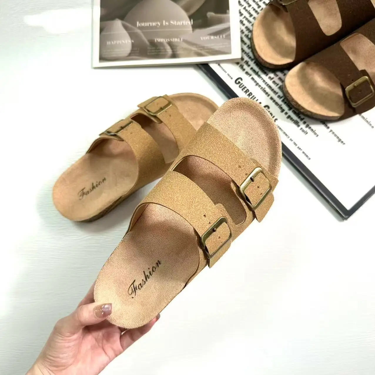 2026 Summer Women Leather Double Strap Sandals Retro Slip On Thick Sole Beach Slides Cork Footbed Platform Shoes Outdoor view 2