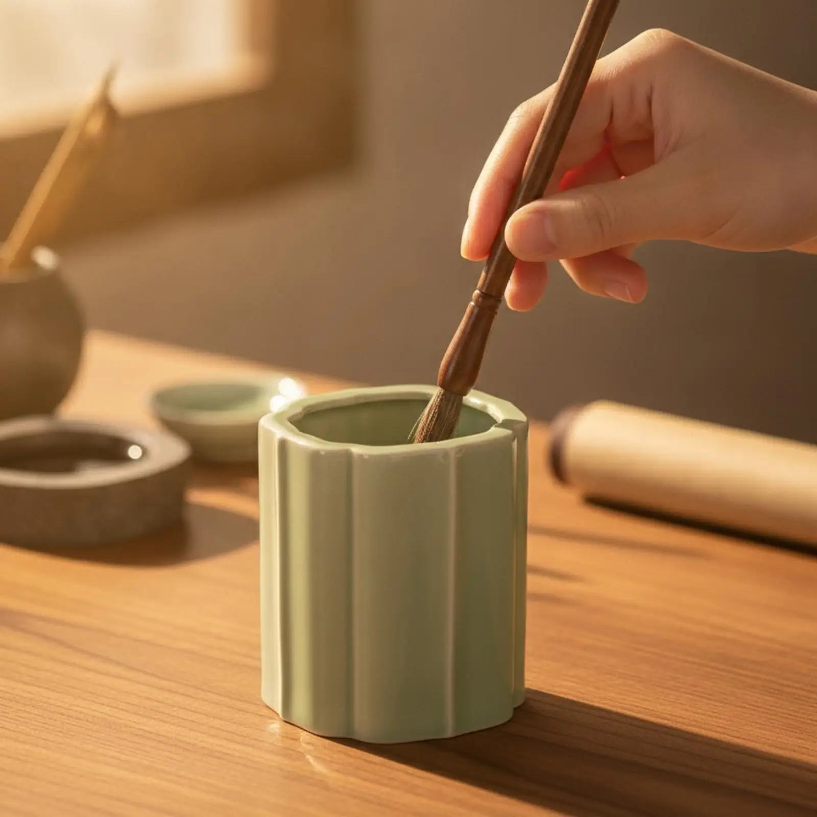 Ceramic Calligraphy Brush Holder for Paintbrush Pen Pencil Organizer Desk Decor Fluted Glaze Celadon Art Studio Supply