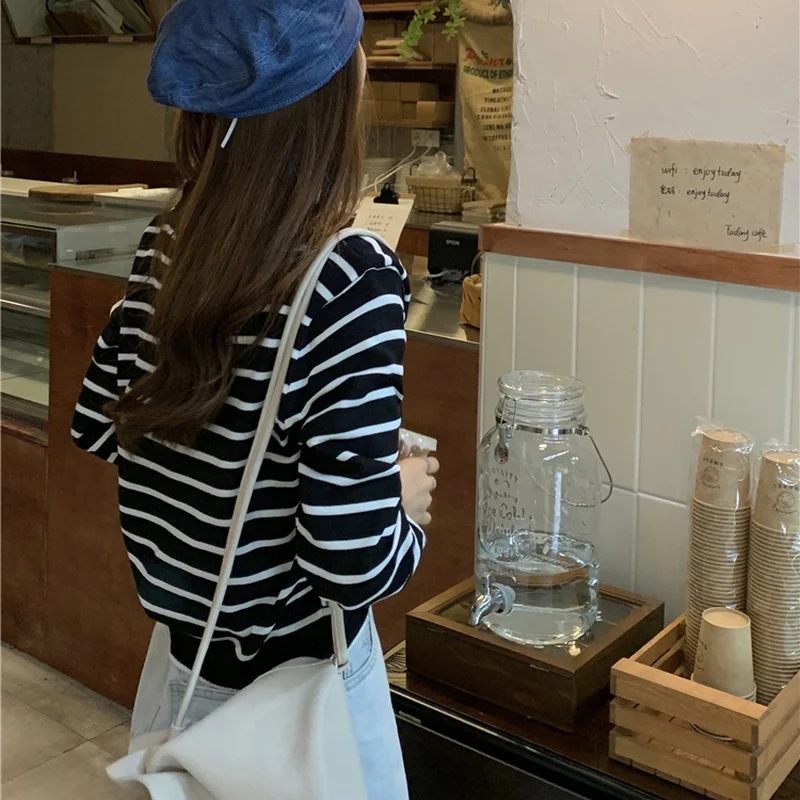 T-shirt da donna per il tempo libero allentate vintage estate nuova moda a righe elegante tutto-fiammifero femminile accogliente colletto rovesciato stile coreano chic