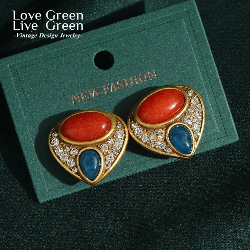 

Antique Jewelry Triangular Blue Natural Stone Red Earrings Stud Rhinestones Water Drop Crystal Woman Luxury Vintage 2025 Trend