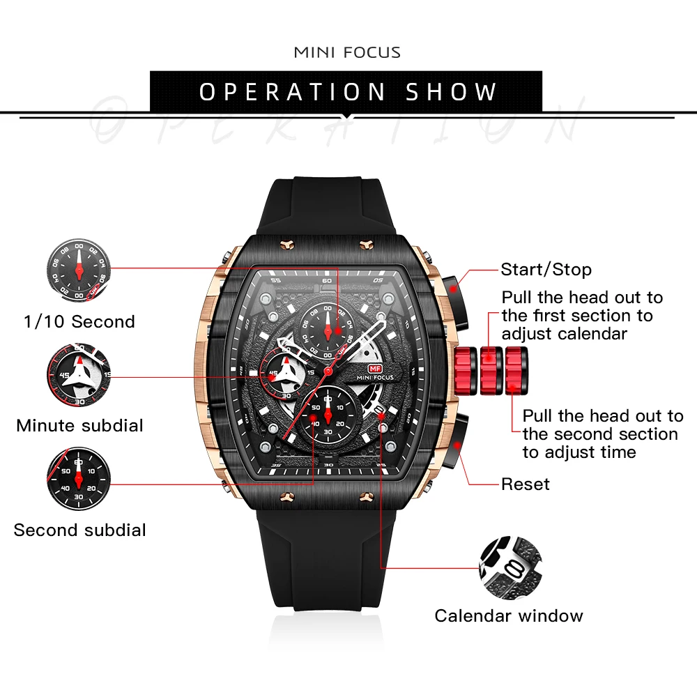 MINI FOCUS Sports Mens Watches Top Brand Luxury Chronograph Waterproof Quartz Watch Orange Silicone Strap Luminous Hands 0399G