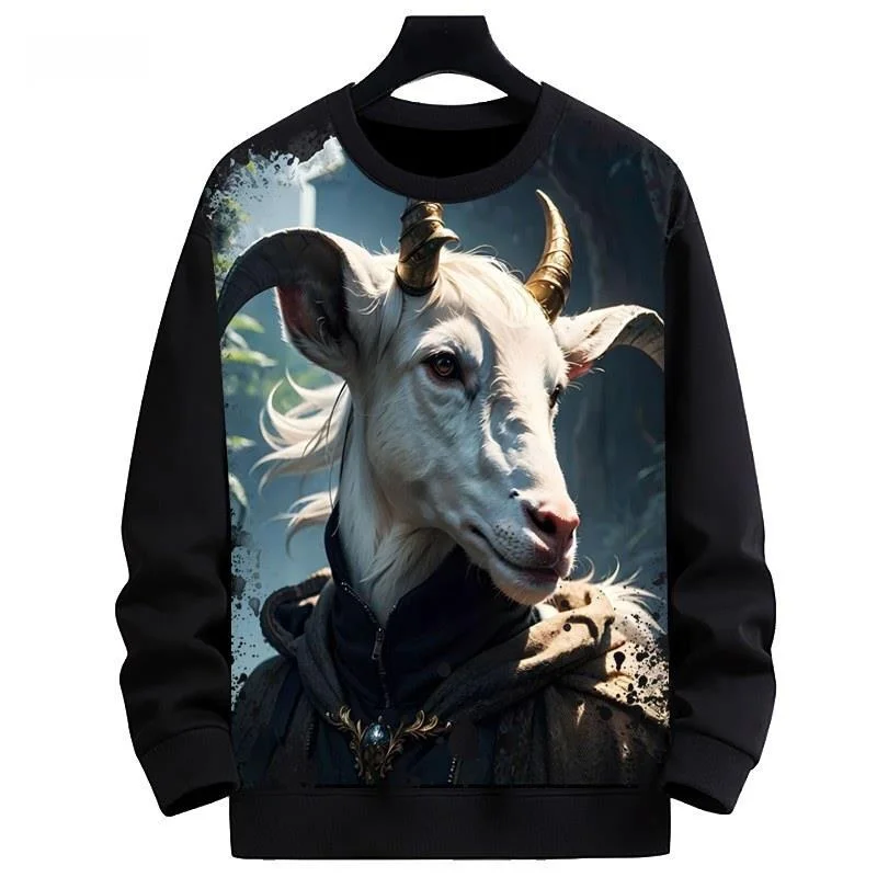 

New Men's Loose Fleece Lined round Neck Sweatshirt 3D Digital Print Sheep Pattern Trendy Personalized Comfortable Polyester