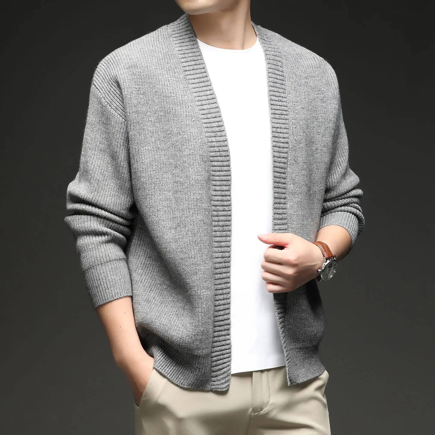 

Men's Thiened Knitted Open Cardigan Casual Faion Warm Sweater Outerwear Polyester Fiber Long Sve round Ne Anti-Pilli...