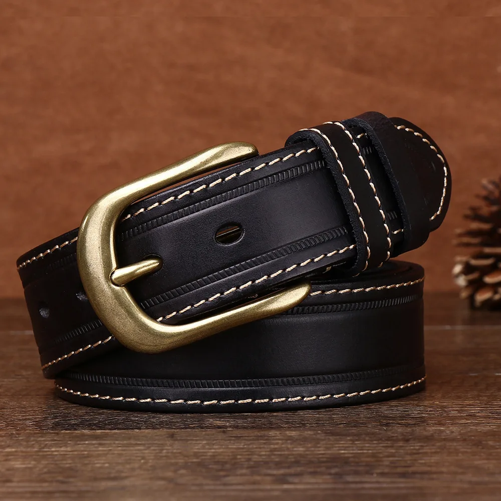 38cm-メンズカーライン本革純粋な牛革ニードルバックルレトロベルト、男性用銅バックルシンプルカジュアルジーンズベルト