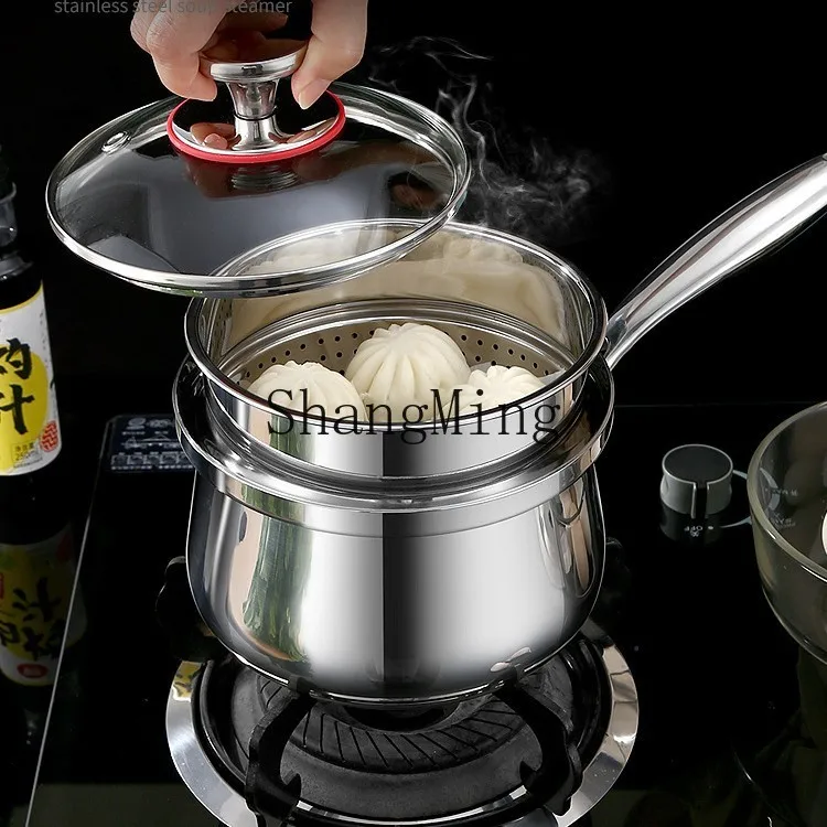 

CL 18-10 stainless steel milk three-layer milk pot with steamer can be steamed up and down, small soup pot visual glass cover