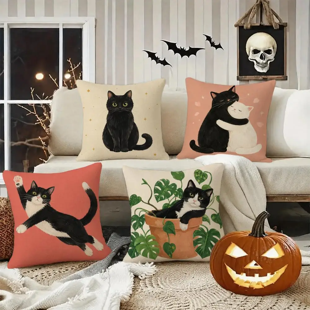 Cat Illustration Decor cat Cushion Cover Halloween decoration trick or treat cushion cover, ghost, pumpkin head, bat decoration