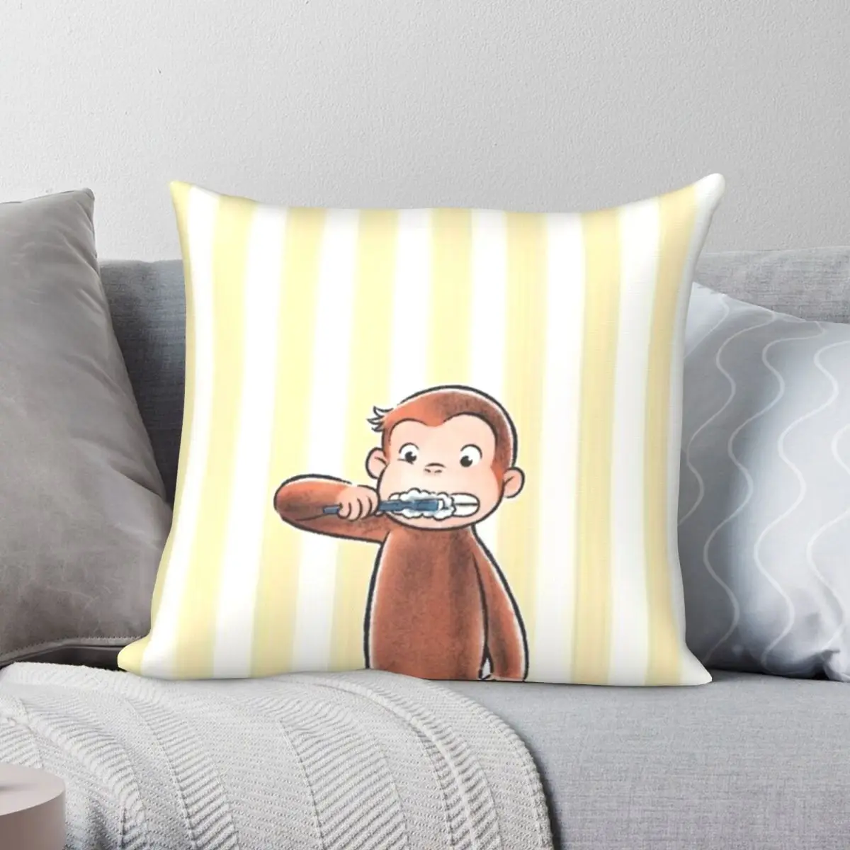 Curious George Brushing Teeth Square Pillowcase Polyester Linen Velvet Creative Zip Decor Throw Pillow Case Home Cushion Cover