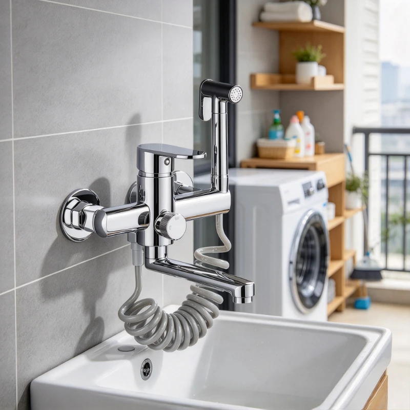 Brass Spray Faucet, Wall-Mounted Hot & Cold Mop Pool Tap with 360° Swivel, Splash Filter, Extended Nozzle for Balcony Bathroom