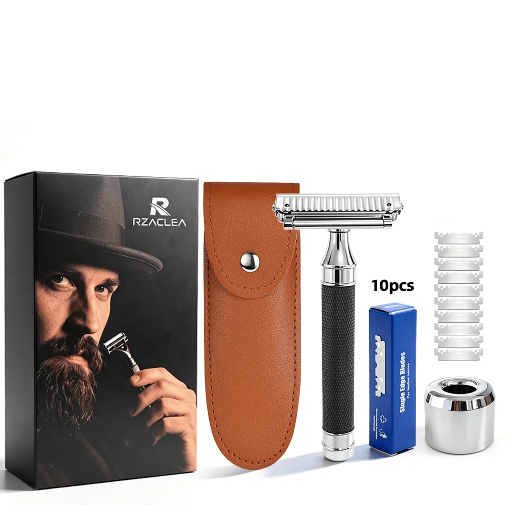 Men's Double Edge Safety Razor Set for Manual Wet Shaving with 10 Blades Leather Pouch And Metal Shaver Gift Box