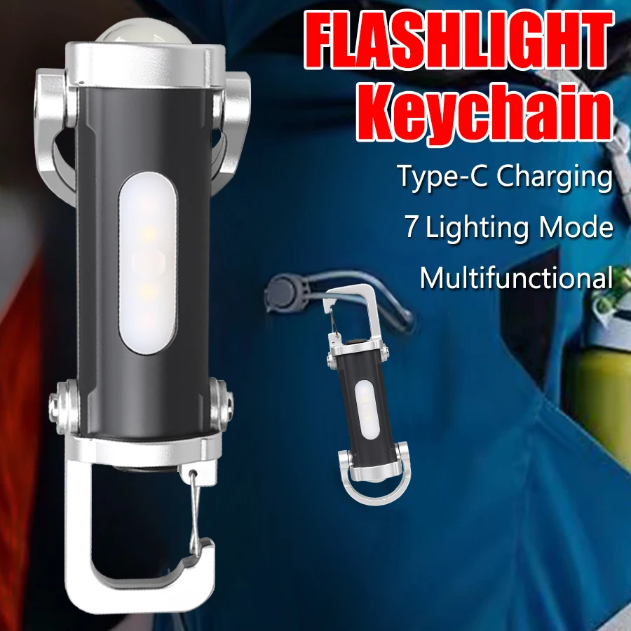 Portable Mini COB LED Keychain Light Type-C Rechargeable Flashlight 7 Mode Waterproof Lamp for Outdoor Camping Lantern with Hook