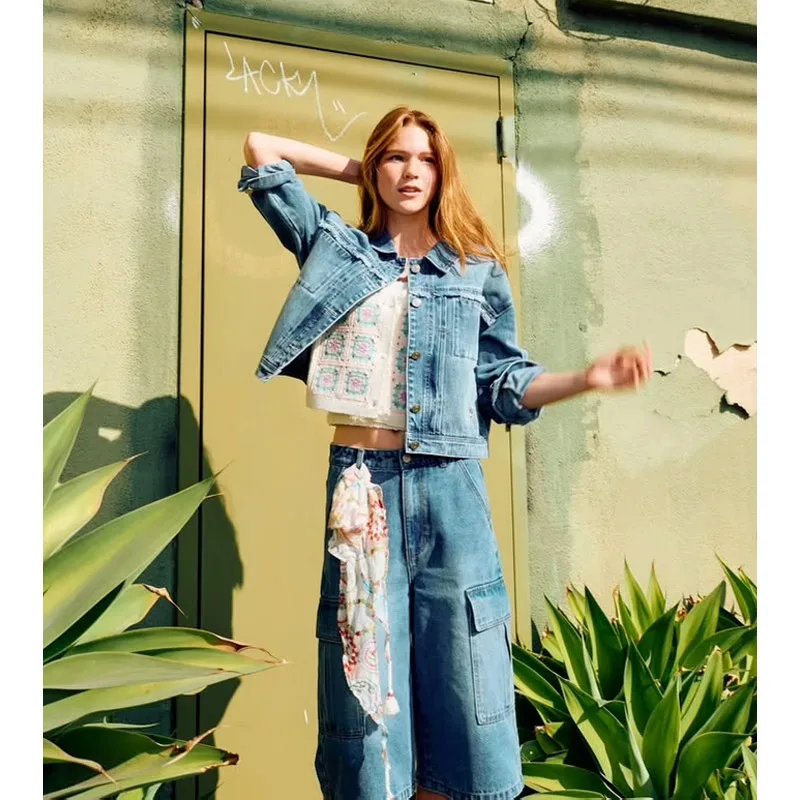 

MICOAT Pure Original Island 25 Spring Four Le Clover Embroidery Frayed Denim ort Jaet plus Five Denim Pants Women