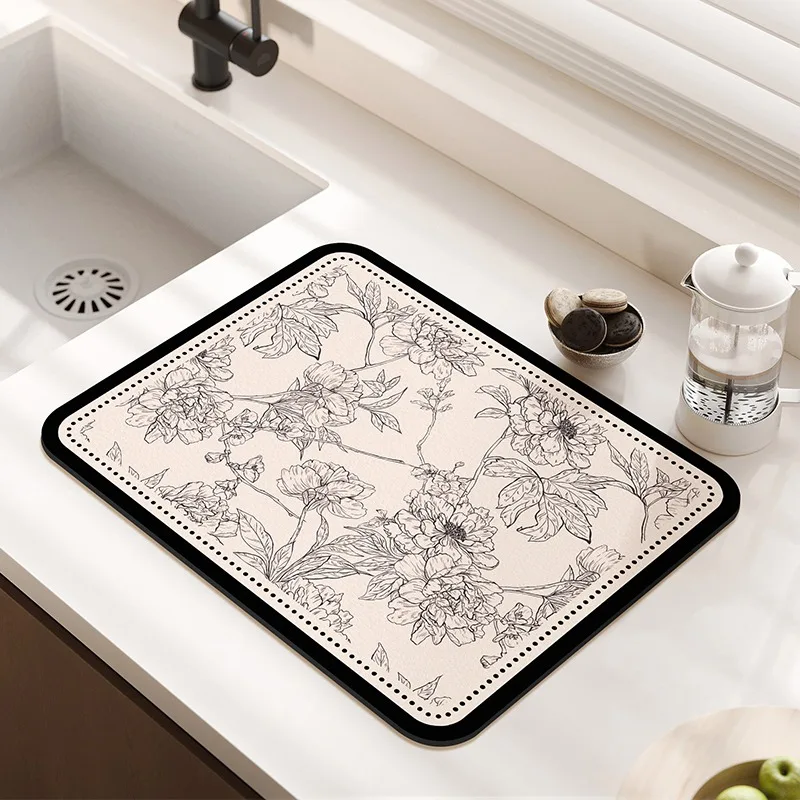 Kitchen Counter Drying Mat Floral Pattern Printed Diatomaceous Earth Absorbent Mat Desktop Tableware Dry Pad Cup Bar Mat