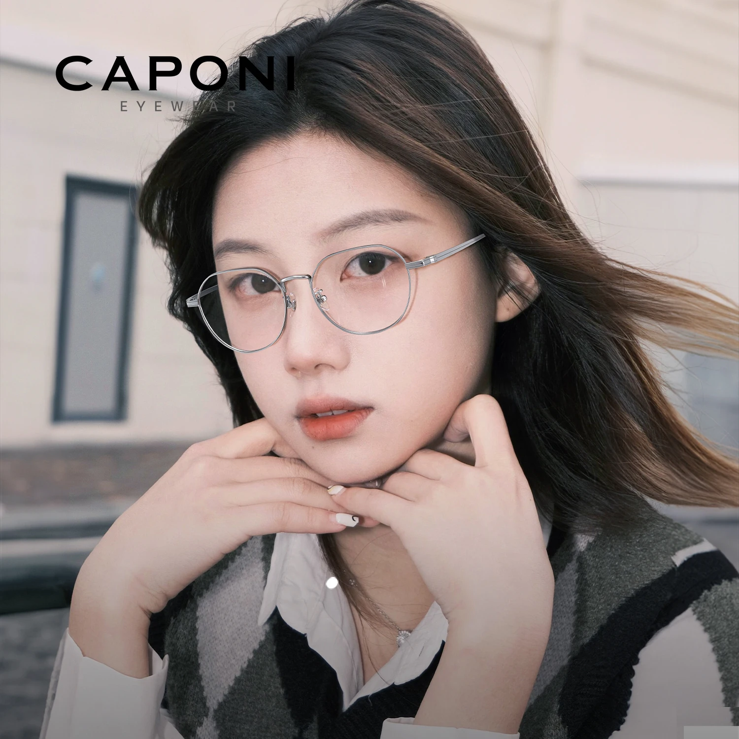 

CAPONI Women Glasses Frame Pure Titanium Original Design Eye Frames Photochromic UV400 Anti Blue Light Eyeglass Frames J24069