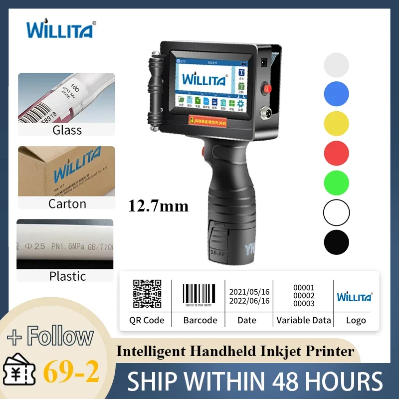 Willita 12.7mm Portable Handheld Inkjet Printer 4.3 inch Smart Touch Screen for Plastics Metal Carton Box Barcode Logo Date