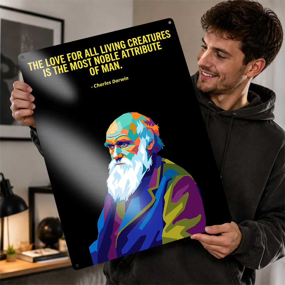 Charles Darwin Pop Art Portrait Personalized 3D Textured Metal Poster Wall Art Tinplate Sign for Decor Room Funny Signs Home Tin