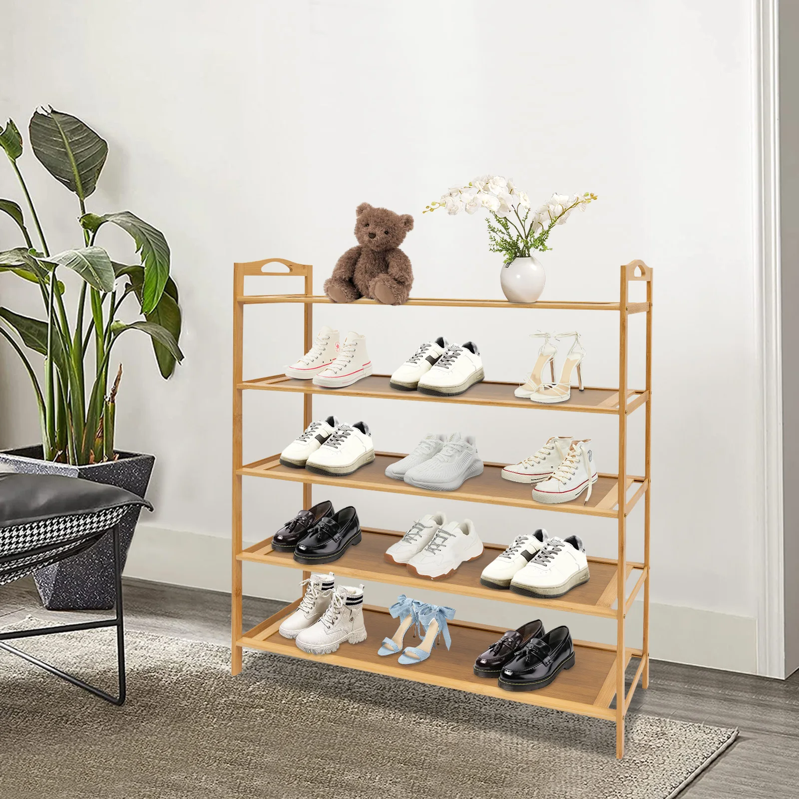 5 Tiers Natural Bamboo Shoe Rack Organizer Stand Wooden Storage Shelf Adjustable Free Standing for Entryway Hallway Closet