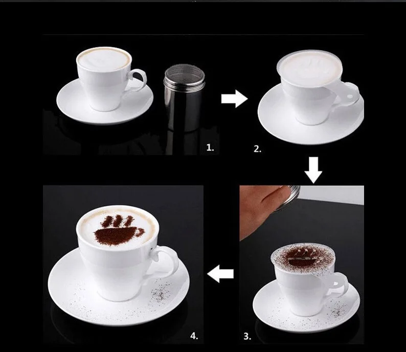 304 Stainless Steel Chocolate Shaker Cocoa Flour Coffee Sifter or 16Pcs Coffee Stencils Coffee Bean Spoon & Coffe Drawing Needle