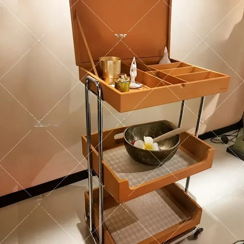 High End Beauty Salon Cart Leather Tool Trolley Storage Shelf for Skin Management Simple Light Luxury Customizable Logo