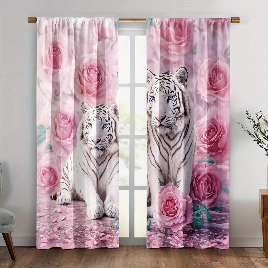 

Белый тигр и розовые розы, шторы, элегантные шторы с цветочным рисунком животных, декор для гостиной, спальни, экзотические художественные шторы для дикой природы