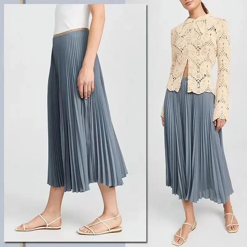 Midi Jupe for Women 2024 New Spring Summer High Waist Classic Simple Versatile Midi Pleated Skirt