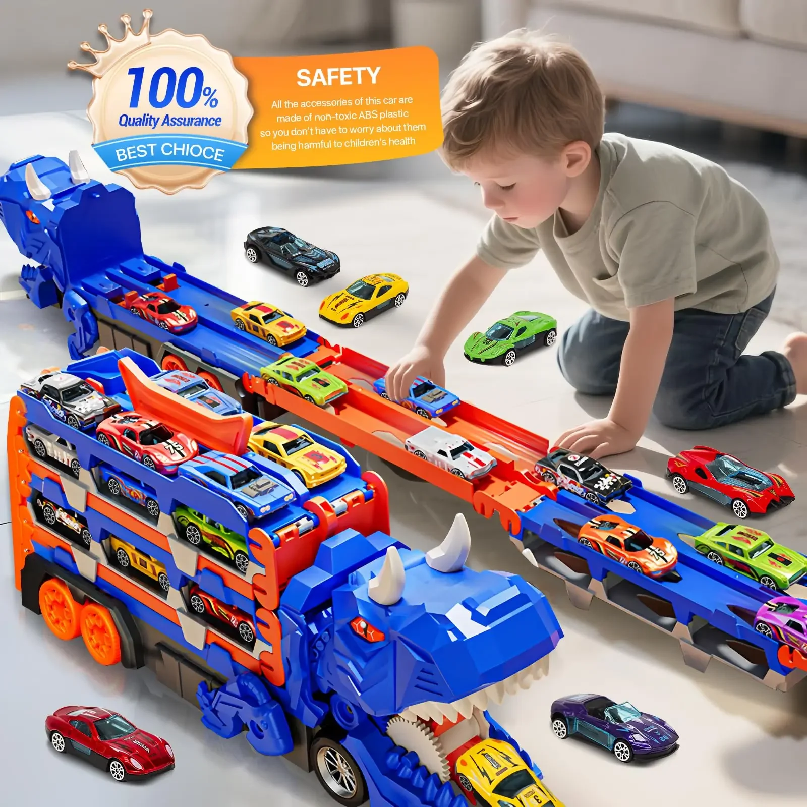 Dinosaurier-Transportwagen, Spielzeug, Rennstrecke, zusammenklappbares Dino-Träger-Auto-Set mit Mini-Autos, Geschenke für Kinder, Jungen im Alter von 3–5 Jahren, Spielzeug für Kleinkinder