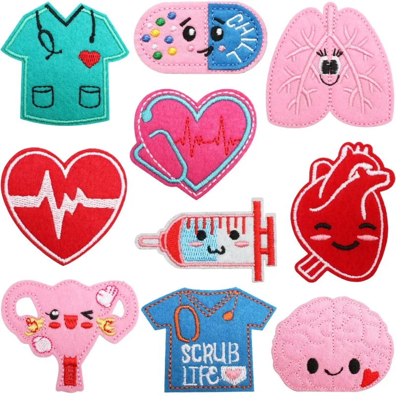 Doctor Medicine Heart Injection Syringe Iron-On Embroidered Badge Patch for DIY Hole T-shirt Backpack Clothing Applique Sticker