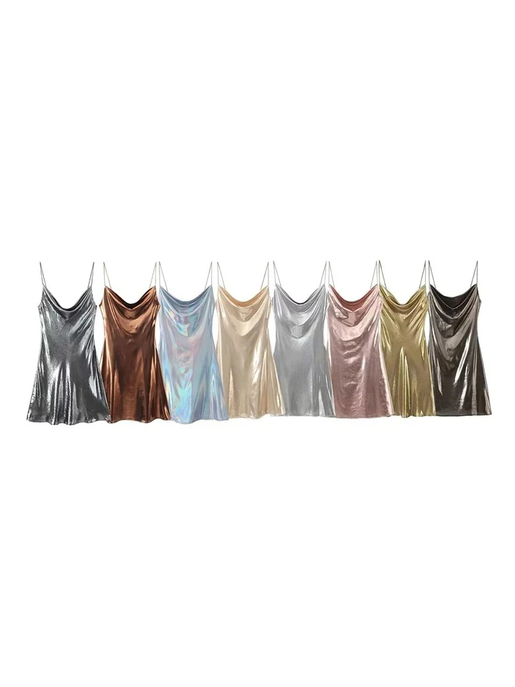 Women's Metallic Colour Glitter Dress Sexy Backless Sleeveless Spaghetti Strap Dresses Party Bar Sleeveless Short Dresses