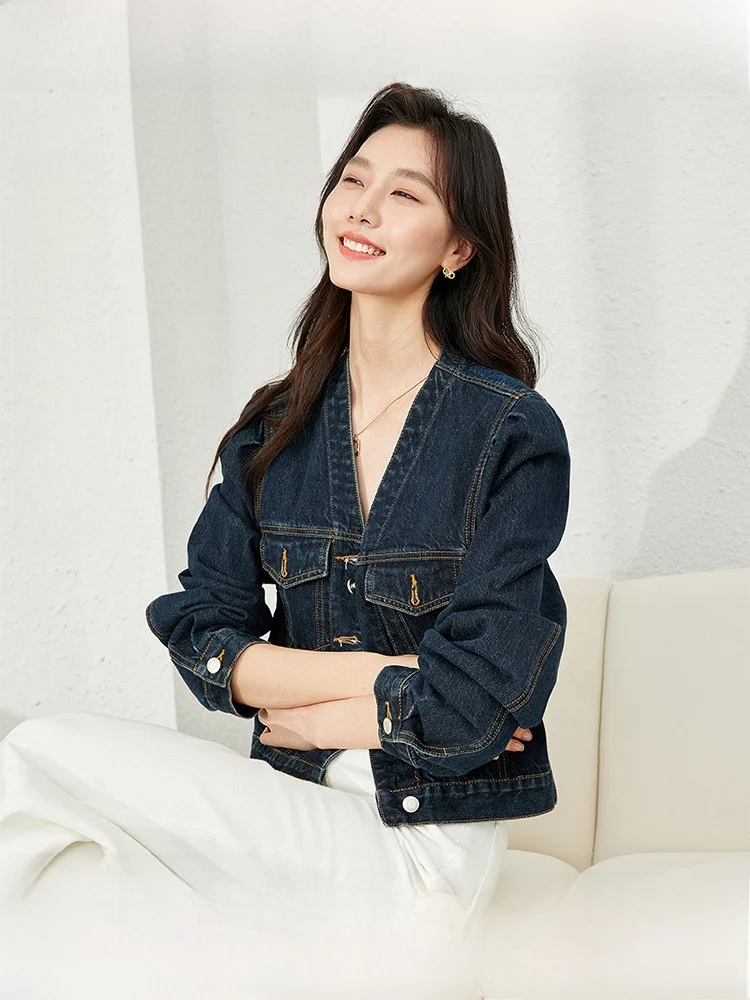 

Faionable ort Denim Jaet Women's New Sle Autumn 2025 Slimming Personali Cotton Polyester Blend Bubble Sve V-Ne...